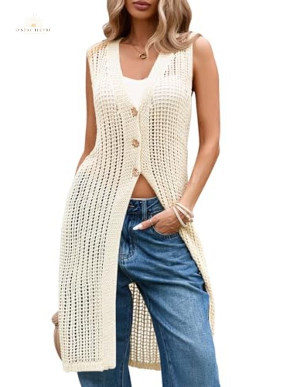 Long Crochet Knit Sleeveless Button-Front Duster Cardigan Vest